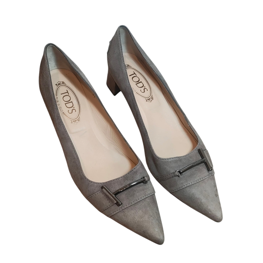 Tod’s T Buckle Pointed Toe Suede Leather Block Heel Loafer Shoes Size 41 Preppy